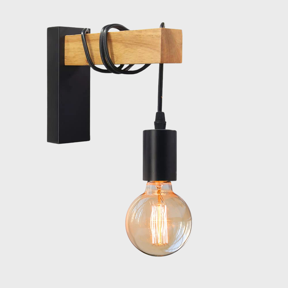 Minimalistische Scandinavische wandlamp van hout en ijzer